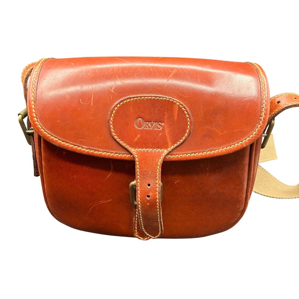 Orvis Vintage Leather Shell Bag Brown Crossbody Field Bag Brass Buckle Strap